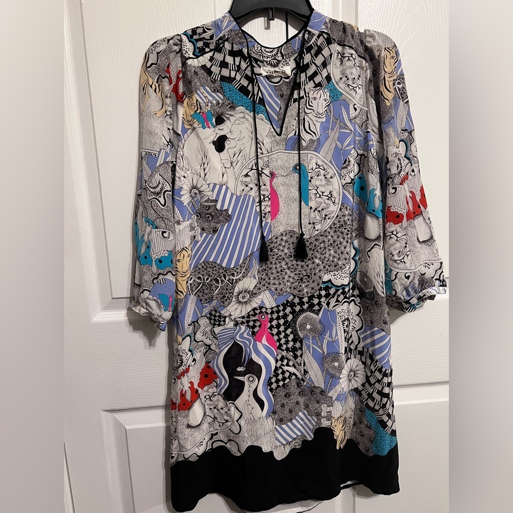 Anthropologie Drawing By Florence Balducci Silk Cleo Dress Floral Animals S - Picture 2 of 4